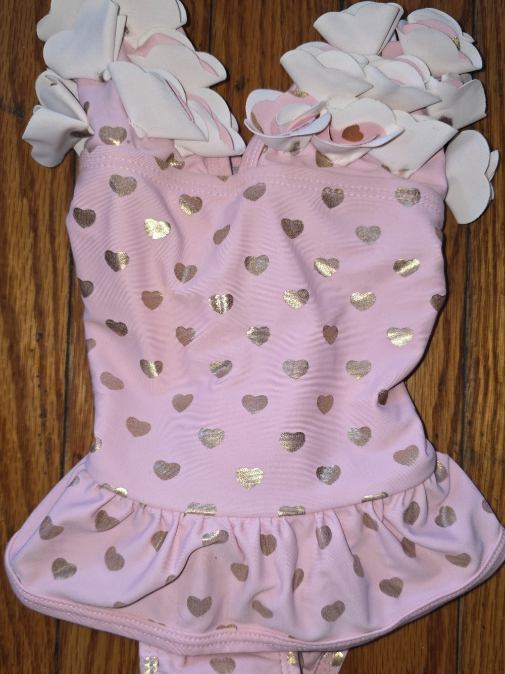 Floatimini Pink One-Piece Swimsuit with Gold Heart Print and Ruffle Hem